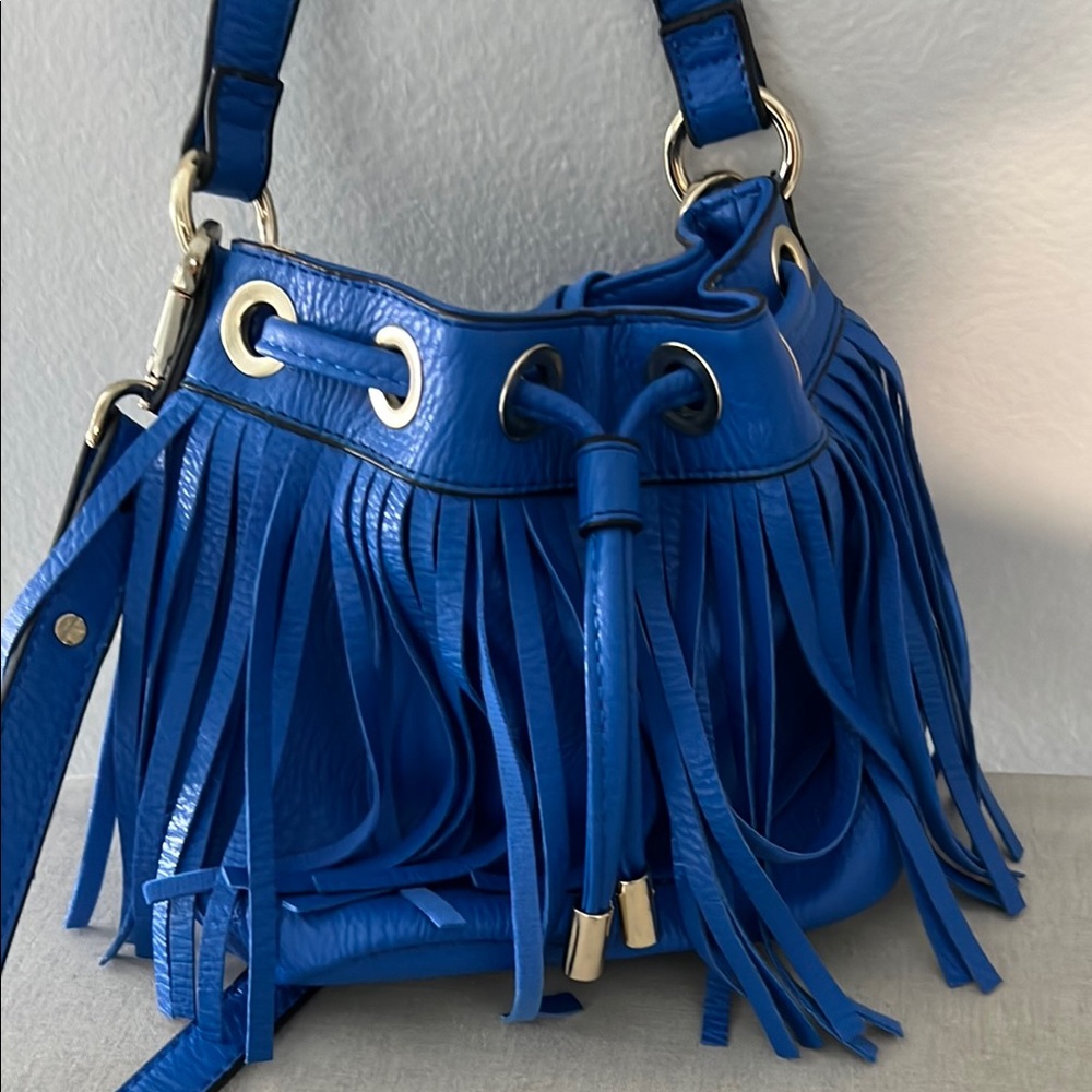 Blue Fringe Bucket Bag